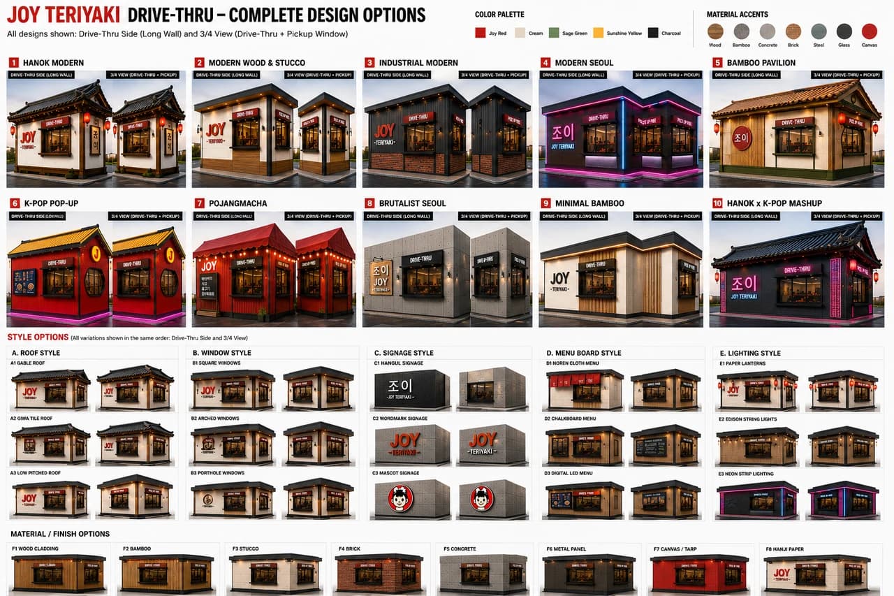 The full Joy Teriyaki design lineup — ten drive-thru concepts shown side by side